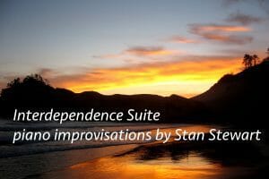 A cloudy sunrise over a lake forms the cover art for "Interdependence Suite"