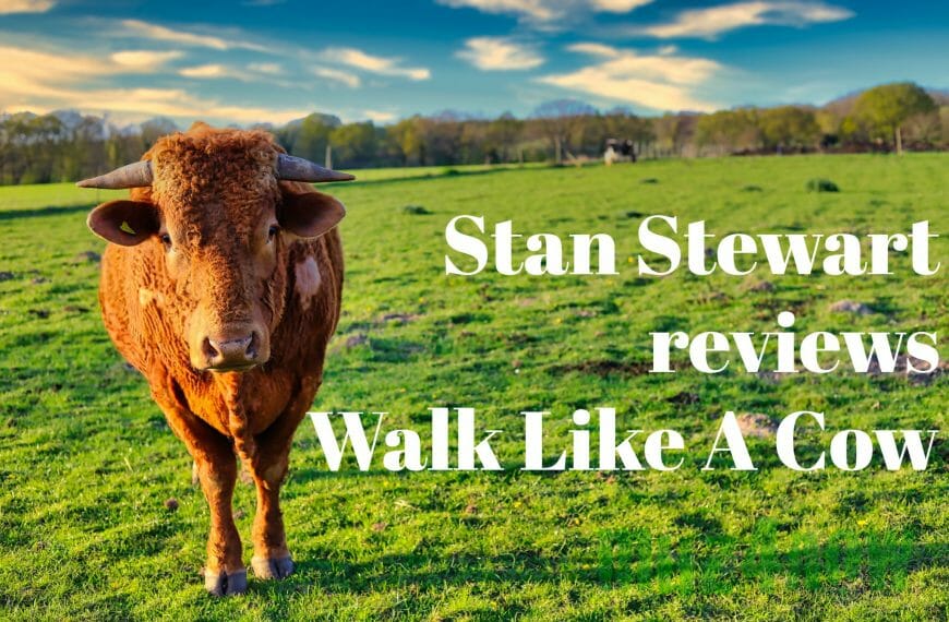 A cow in a field with the title, "Stan Stewart reviews Walk Like A Cow"