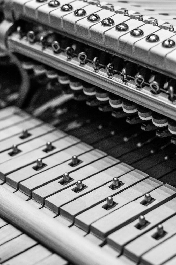 The inside of an upright acoustic piano (how to tune your piano)