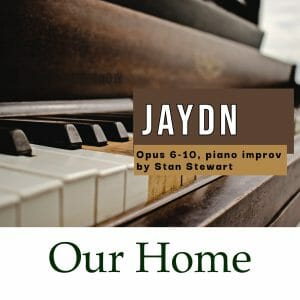 The cover art for the musical suite "Our Home: Jaydn, Opus 6-10" is an heavily worn piano keyboard. At least 3 of the key coverings has come off to reveal the wooden keys underneath.