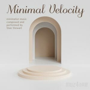 The album cover for MINIMAL VELOCITY is 3D art of a doorway with rounded steps going up to it. The artwork is by Rodion Kutsaiev