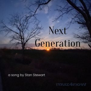 A sunset between two bare trees forms the cover art for Next Generation by Stan Stewart.