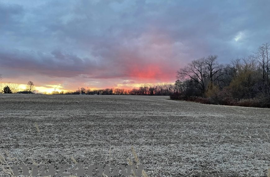 The sunset adds bright colors to a wintry landscape, leafless trees, and gray clouds.