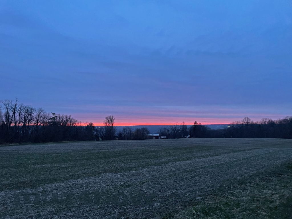 Beyond a tree line, a mostly cloudy sky is broken by the red and golden sunrise.