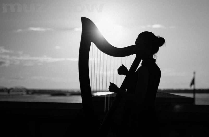 The silhouette of a harpist playing a harp as the sun sets behind her.