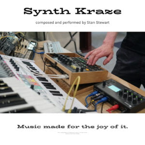 The cover of the album Synth Kraze with a human hand stretching towards some synthesizer modules on a table.