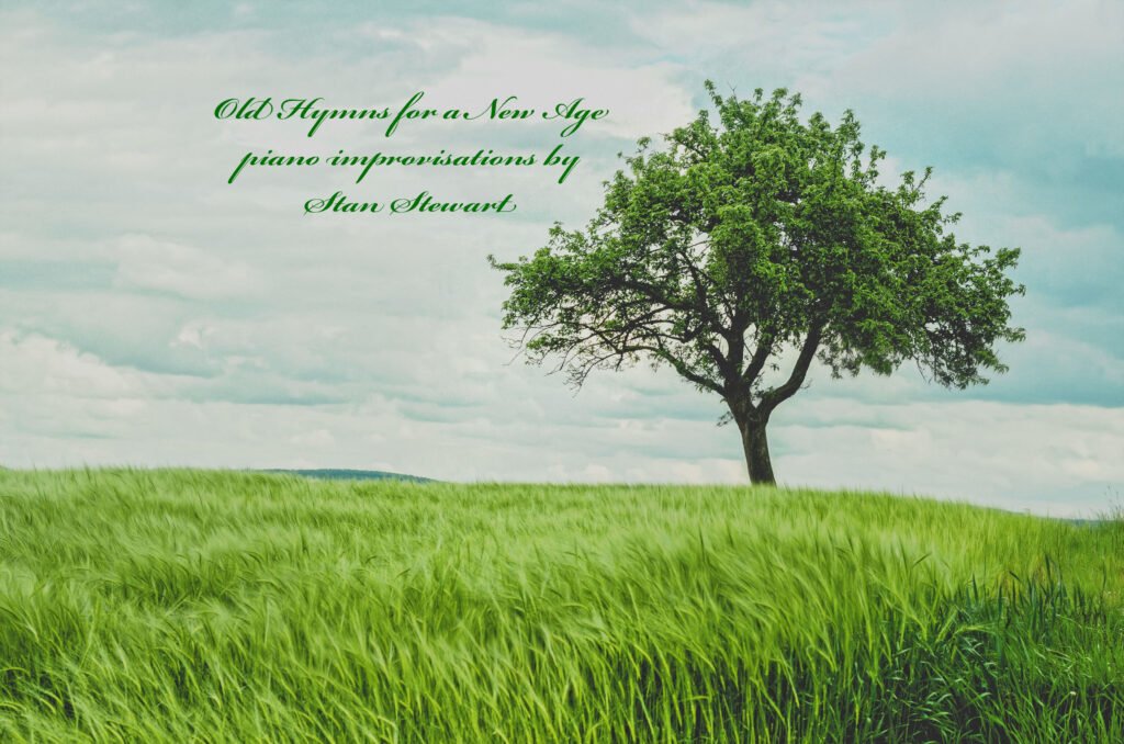 An oak tree in a grassy meadow is the cover art for "Old Hymns for a New Age" (piano improvisations) by Stan Stewart