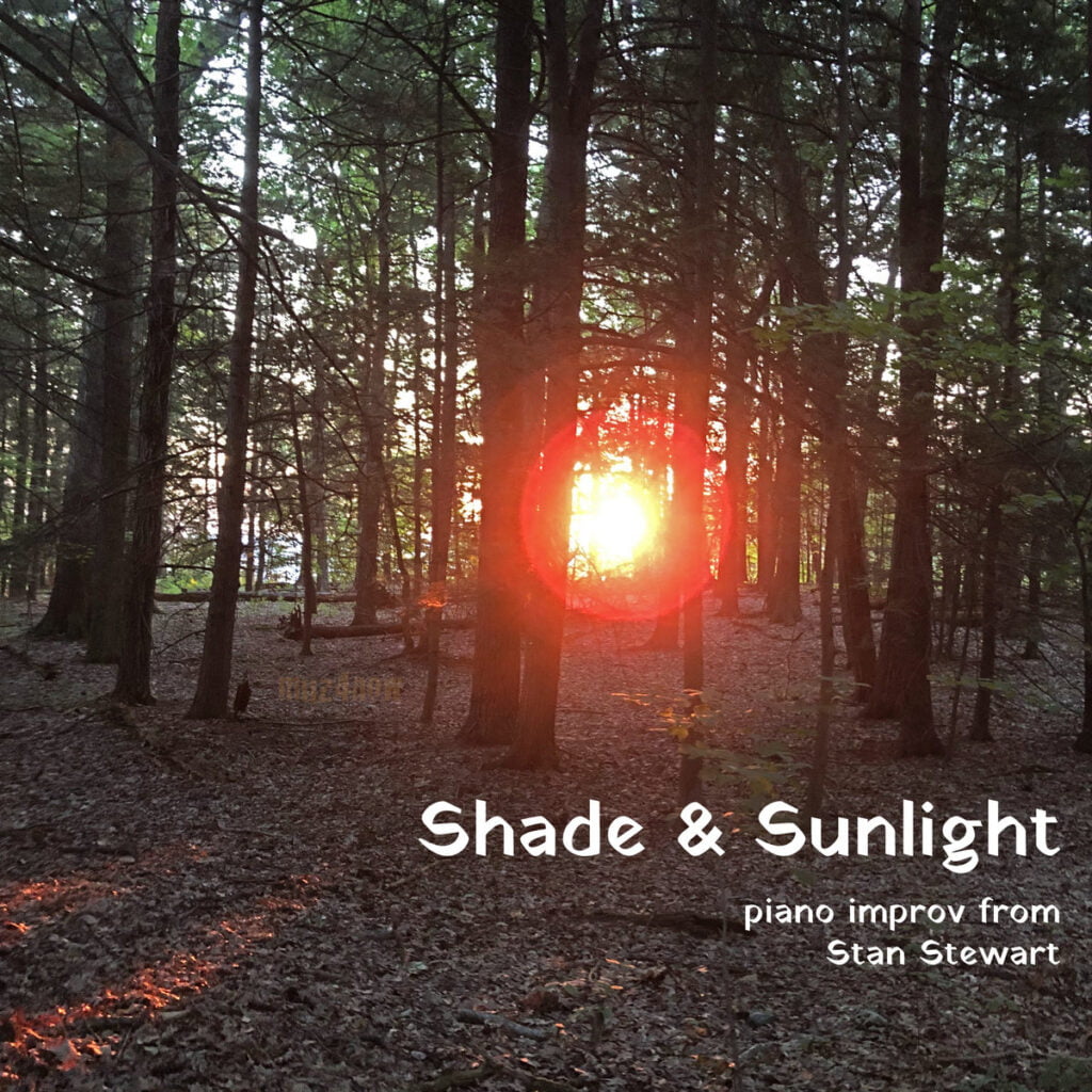 The bright, orange sun shines through trees for the cover photo on "Shade & Sunlight" (piano improv) by Stan Stewart