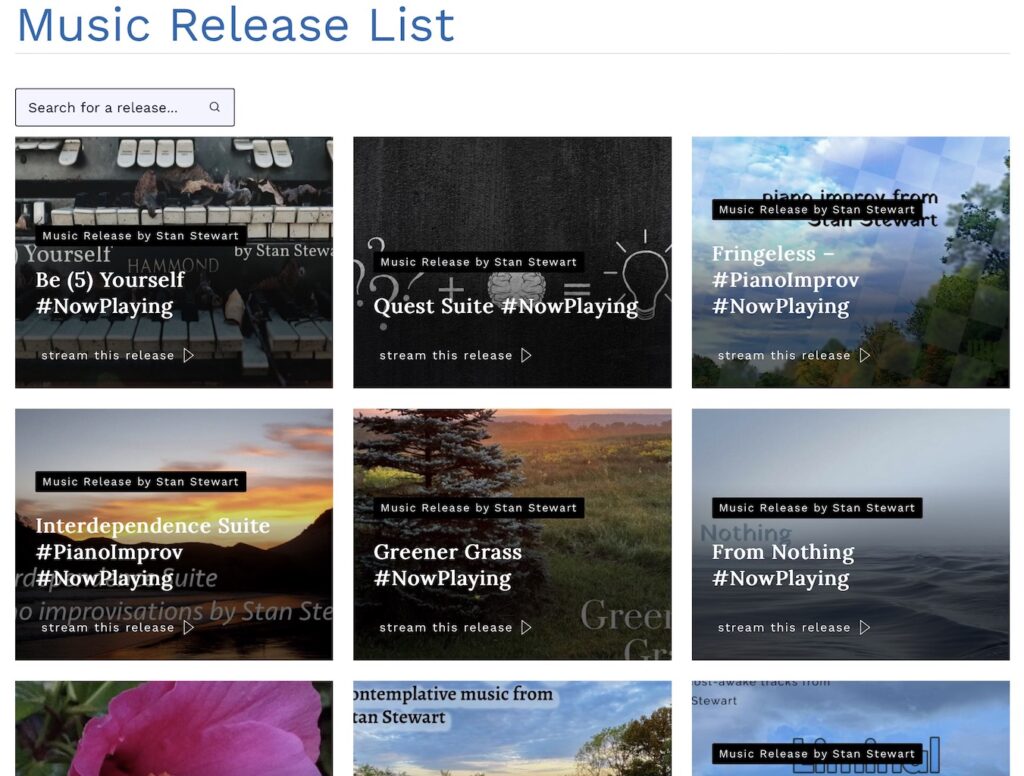 At the top is the title "Music Release List" with the cover art from a few albums by Stan Stewart.