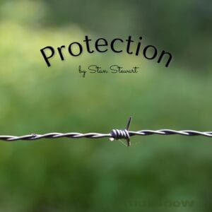 The cover for the music album "Protection" is a photo of a barbed-wire strand on a green background. The album is by Stan Stewart. The photo is by Miguel Á. Padriñán.