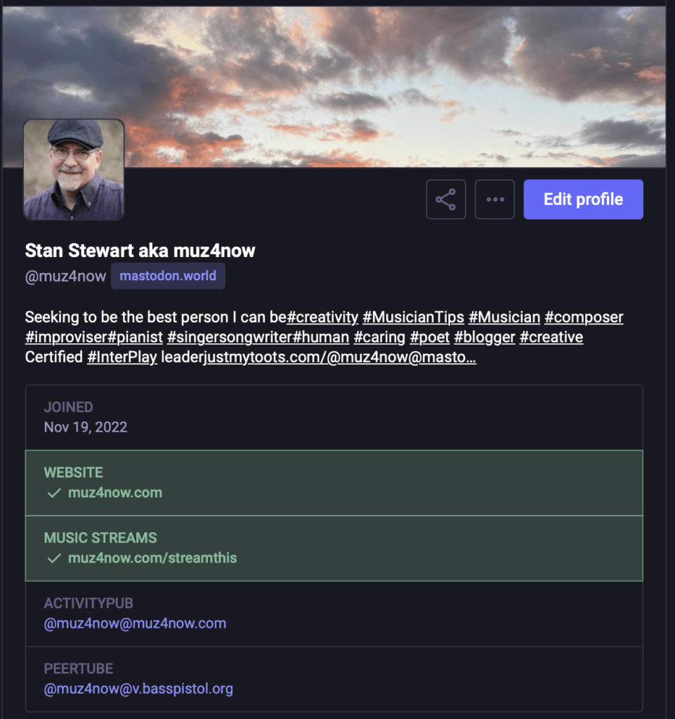 The Mastodon profile for "Stan Stewart aka muz4now".