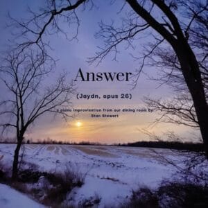 The sun setting through heavy clouds and between bare trees creates the cover art for "Answer" by Stan Stewart.