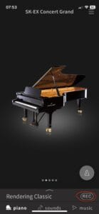 The opening page of the PianoRemote app shows a photo of a Kawai SC-EX Concert Grand piano.