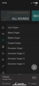 The sound menu in PianoRemote offers the many available instrument sounds on the Kawai digital pianos ready for playing.