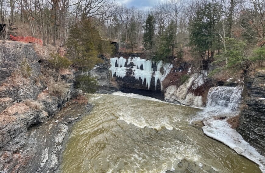 On a recent hike, I found this view of the powerful stream and hanging ice above it at Taughannock Falls State Park.