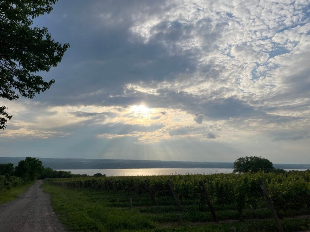 The setting sun shines rays of light downward through heavy cloud cover above a lake.
