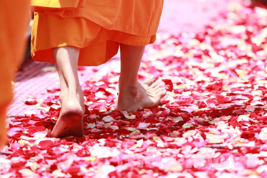 Flower petals cover the ground as someone in an orange robe walks on them with their bare feet. We can only see the feet and ankles of the person walking. For the Ritual Escape blog post.