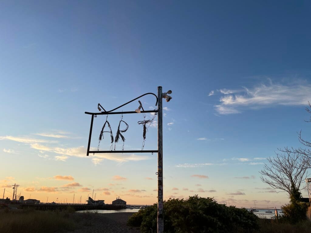Silhouetted against early signs of sunrise is a sign made of wire, with the word “ART” in all-caps. Buildings on the left and bushes on the right are silhouetted against a sky with a few orange clouds near the horizon.