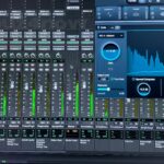 The audio meters for several tracks and a big blue plugin in the upper right fill the screen for a DAW (digital audio workstation).