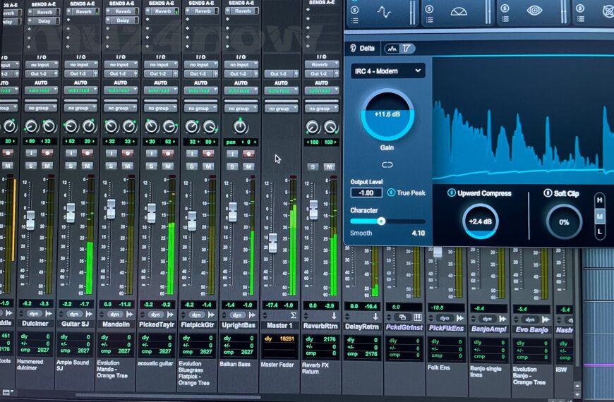 The audio meters for several tracks and a big blue plugin in the upper right fill the screen for a DAW (digital audio workstation).