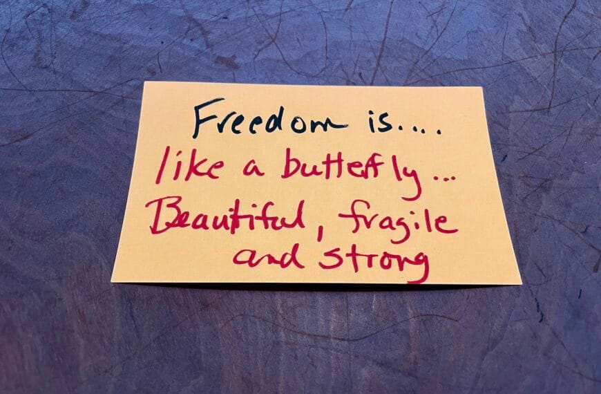 Handwritten in black and red marker on a peach-colored index card: Freedom is.... like a butterfly ... Beautiful, fragile and strong