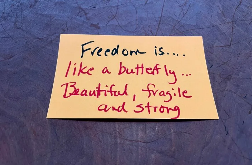 Handwritten in black and red marker on a peach-colored index card: Freedom is.... like a butterfly ... Beautiful, fragile and strong