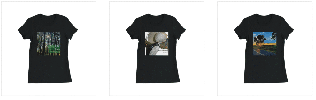 Three T-shirts for sale with cover art from May It Be Time, Ritual Escape, and DreamState: Awakening by Stan Stewart.