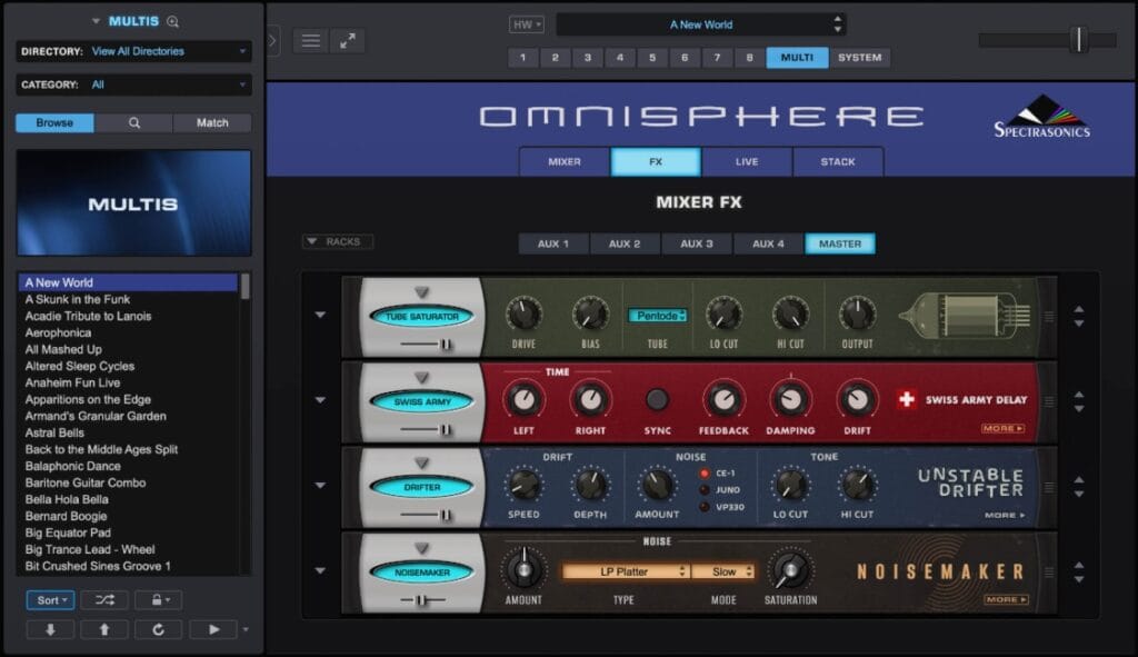 A screenshot of the effects rack in Omnisphere3 by Spectrasonics.