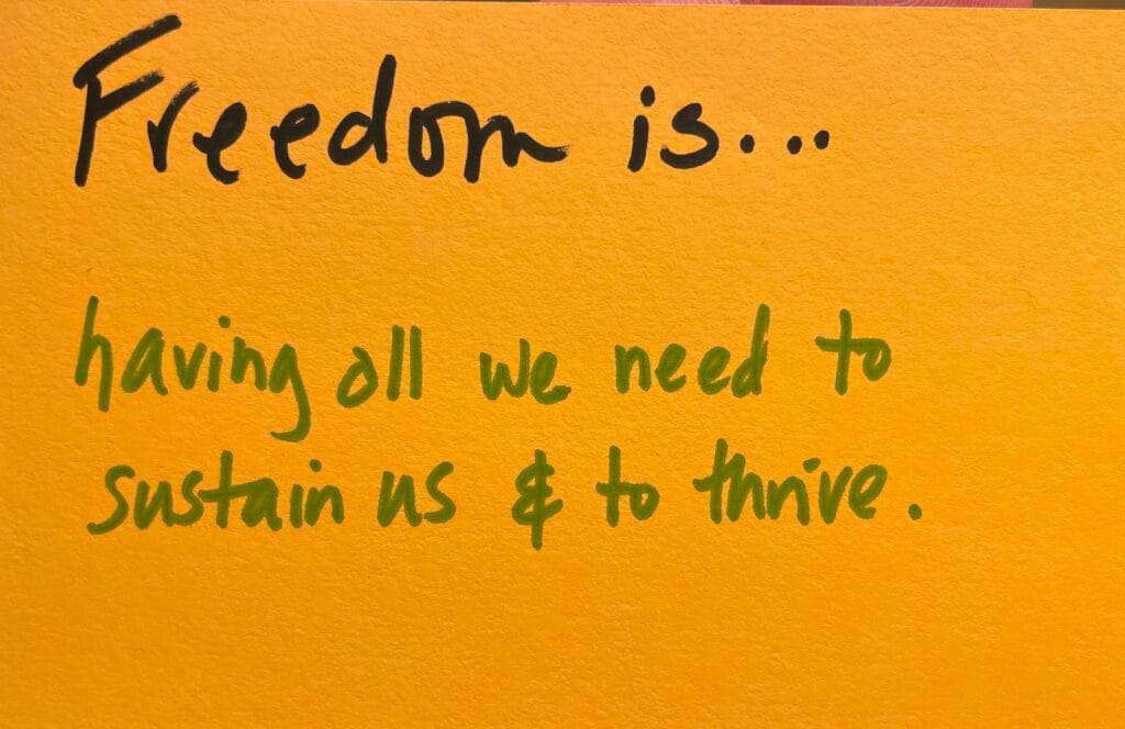 An orange index card with these words printed on it using a felt-tip marker: "Freedom is... having all we need to sustain us & to thrive."