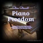 A grand piano keyboard is the photo behind the cover of "Piano Freedom" by Stan Stewart.