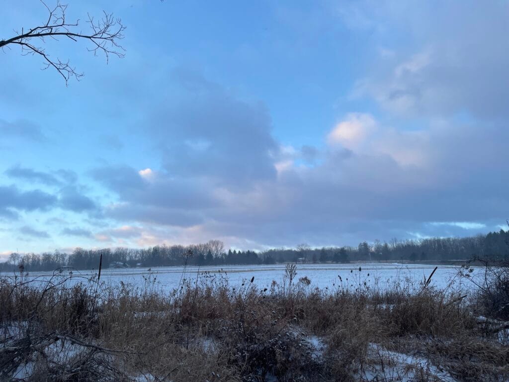 Clouds cover most of the sky beyond a field mostly covered by snow.