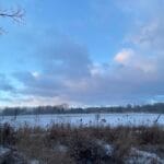 Clouds cover most of the sky beyond a field mostly covered by snow.