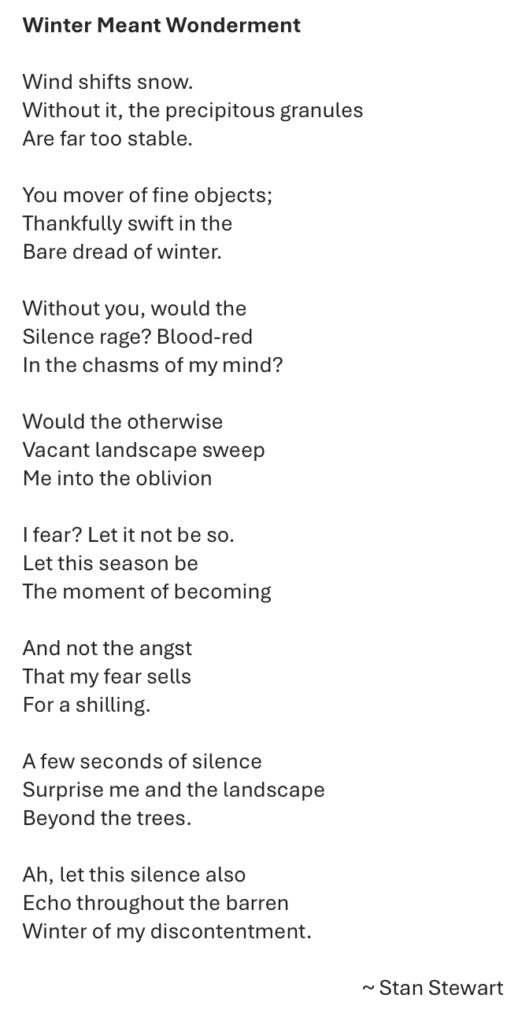 Winter Meant WondermentWind shifts snow.
Without it, the precipitous granules
Are far too stable.You mover of fine objects;
Thankfully swift in the
Bare dread of winter.Without you, would the
Silence rage? Blood-red
In the chasms of my mind?Would the otherwise
Vacant landscape sweep
Me into the oblivionI fear? Let it not be so.
Let this season be
The moment of becomingAnd not the angst
That my fear sells
For a shilling.A few seconds of silence
Surprise me and the landscape
Beyond the trees.Ah, let this silence also
Echo throughout the barren
Winter of my discontentment.~ Stan Stewart
CC-BY-NC-ND