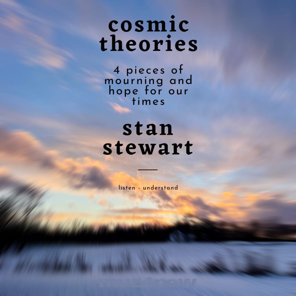 A blurred, golden sunset on irregular clouds makes the background for the cover of "Cosmic Theories" musical release by Stan Stewart.