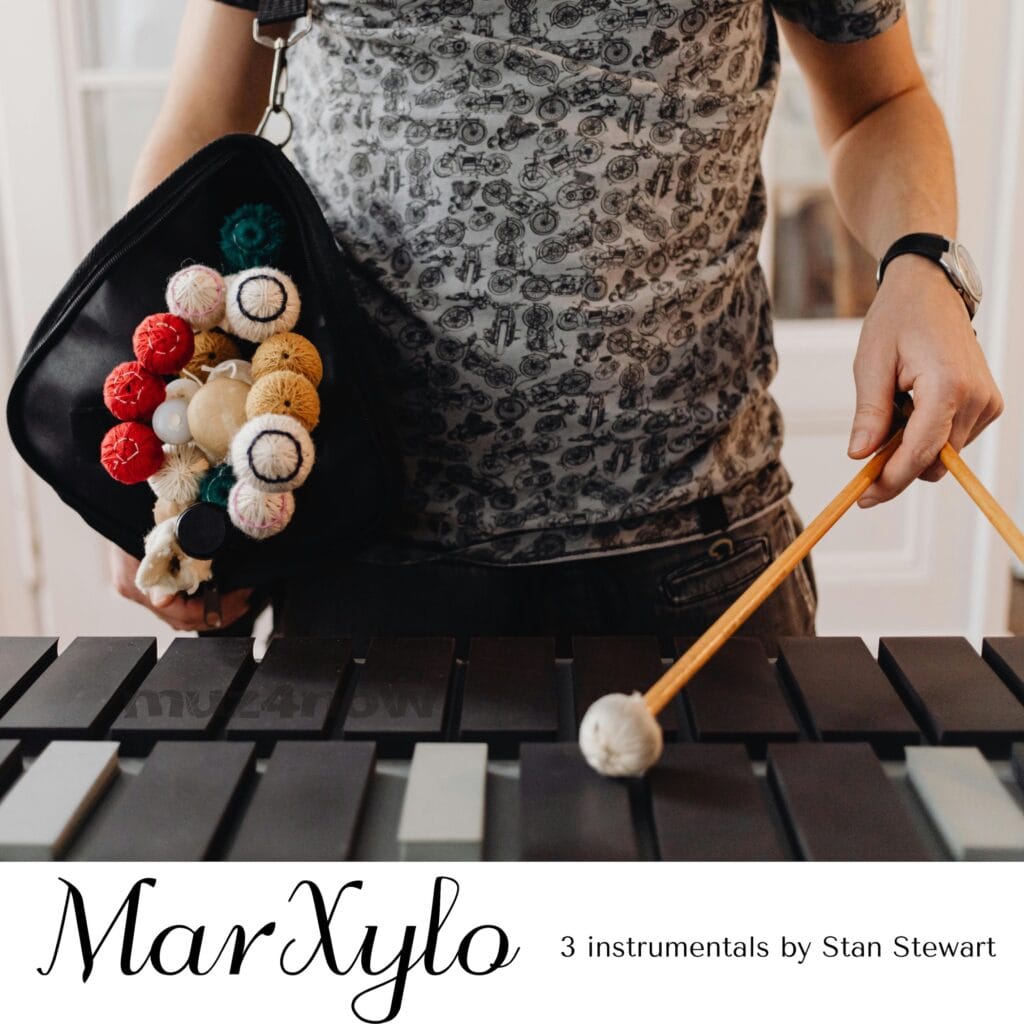In the foreground is a marimba. Someone is standing behind it with a basket of assorted mallets and beaters in their right hand. In their left hand is a wooden stick with a soft beater on the end of it which is touching one of the notes on the marimba. The photo is from https://www.pexels.com/@karola-g/