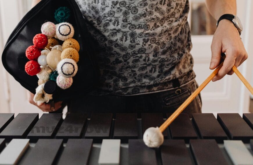 In the foreground is a marimba. Someone is standing behind it with a basket of assorted mallets and beaters in their right hand. In their left hand is a wooden stick with a soft beater on the end of it which is touching one of the notes on the marimba. The photo is from https://www.pexels.com/@karola-g/
