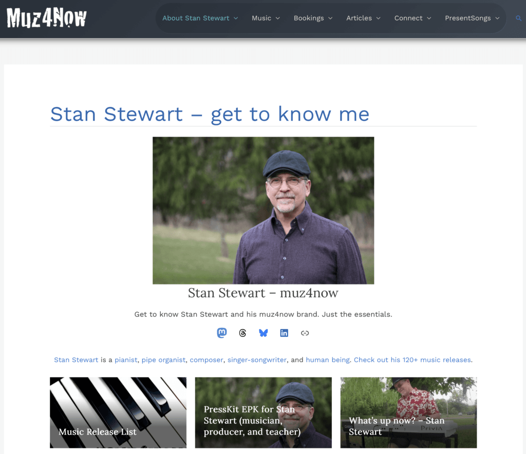 A screenshot of the essentials page for Stan Stewart and his brand, muz4now.