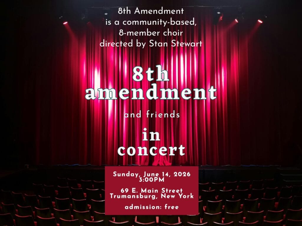 A red theatre curtain is the background for a concert flyer: 8th Amendment and Friends In Concert, June 14, 2026, 3:00PM in Trumansburg, New York, USA