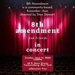 A red theatre curtain is the background for a concert flyer: 8th Amendment and Friends In Concert, June 14, 2026, 3:00PM in Trumansburg, New York, USA