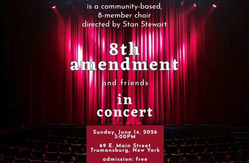 A red theatre curtain is the background for a concert flyer: 8th Amendment and Friends In Concert, June 14, 2026, 3:00PM in Trumansburg, New York, USA