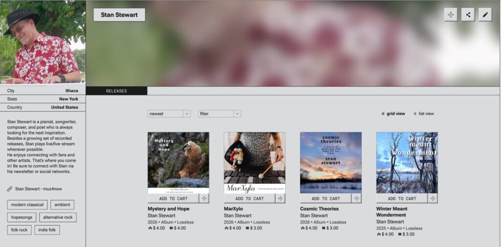 A screenshot of Stan Stewart's music page on the Subvert.FM site. This is one of many platforms vying to become the site for all unsigned musicians.