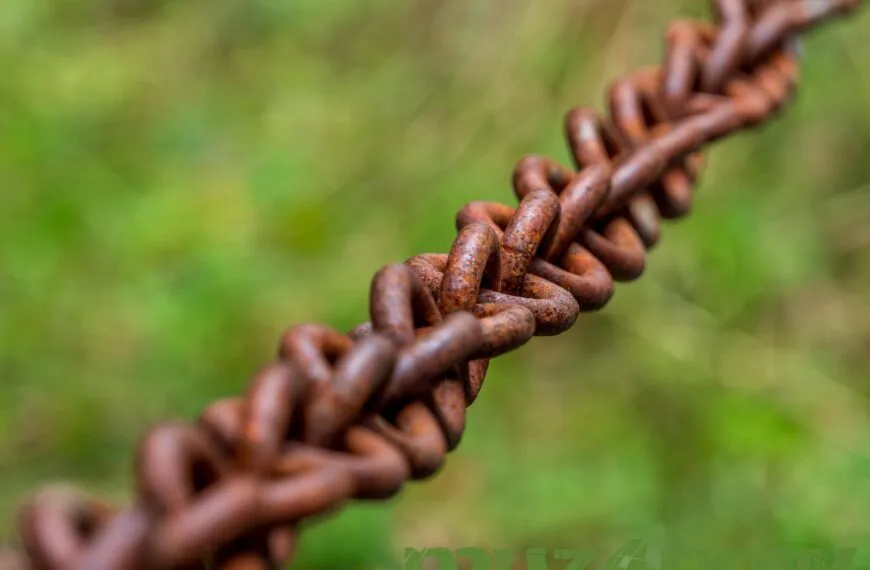 A rusty chain with blurry green background is symbolic of connection. Original photo by https://pixabay.com/users/analogicus-8164369/