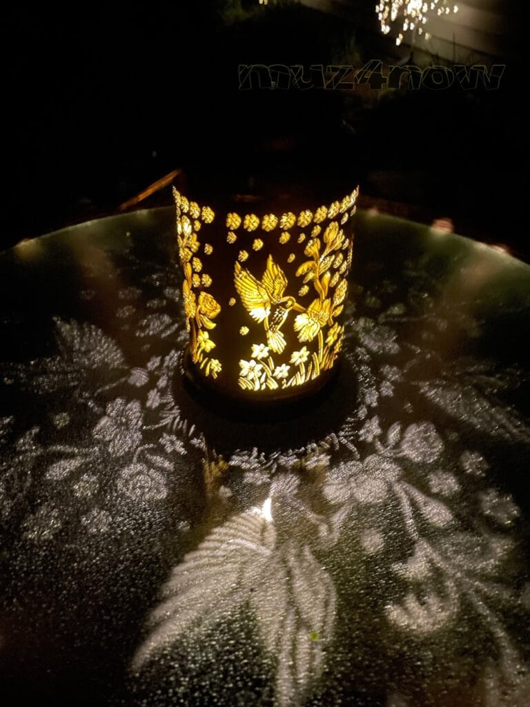 A singular solar light has birds and flowers cut into the cylinder around it. As it shines, these shapes also appear on the surfaces around it.