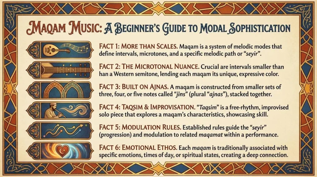 An infographic with tiny images and these words.
"MAQAM MUSIC: A BEGINNER'S GUIDE TO MODAL SOPHISTICATION
Fact 1: more than scales
Fact 2: the microtonal nuance
Fact 3: built on ajnas
Fact 4: taqsim & improvisation
Fact 5: modulation rules
Fact 6: emotional ethos