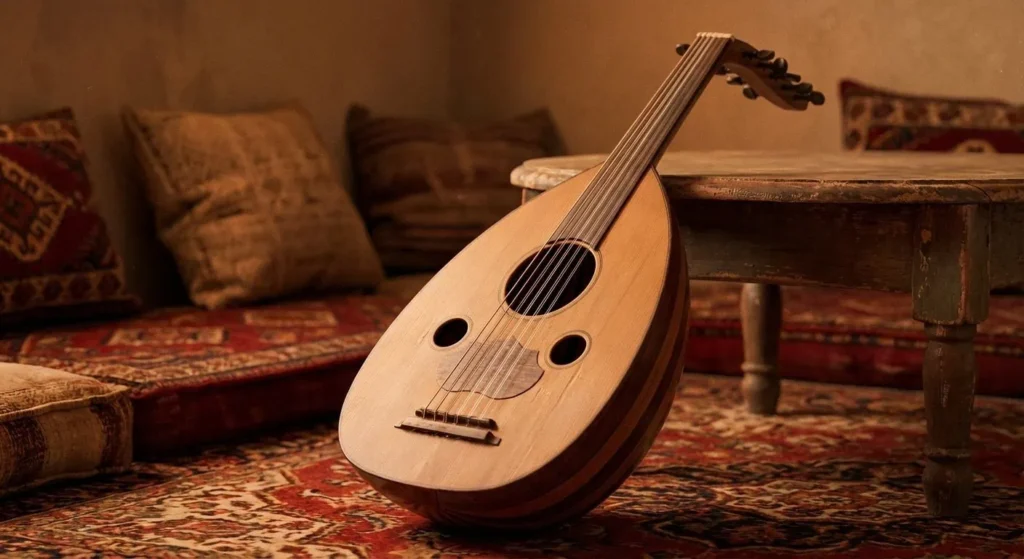 An oud (musical instrument with strings going across a sound hole) leans against a round wooden table surrounded by ornate pillows and rugs.
The oud is the most common instrument on which taqsim is played.