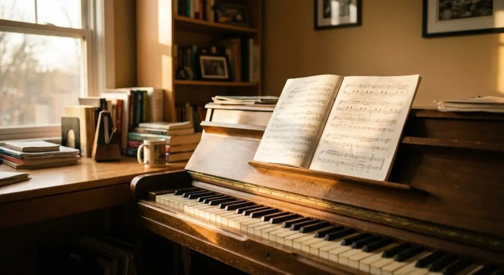 A spinet, upright piano with a musical score on the built-in wooden stand. There are piles and rows of books behind the piano on a wooden desk.
This piano illustrates how Maurice El Medioni translated taqsim to the piano.