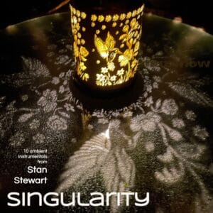 A solar light with shapes cut in the cylinder around it casts light shadows of flowers and birds on the surface in front of it. The word "singularity" is written at the bottom of the image since this is the cover art for that album by Stan Stewart.