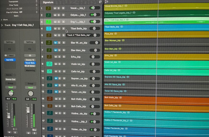 Colorful green, yellow, blue, and brown stripes on the right side of a screen represent the audio in various tracks in Logic Pro. On the left are two "faders" with green segments indicating playback is happening. In between these are the names of the individual tracks. This is one part of making music.