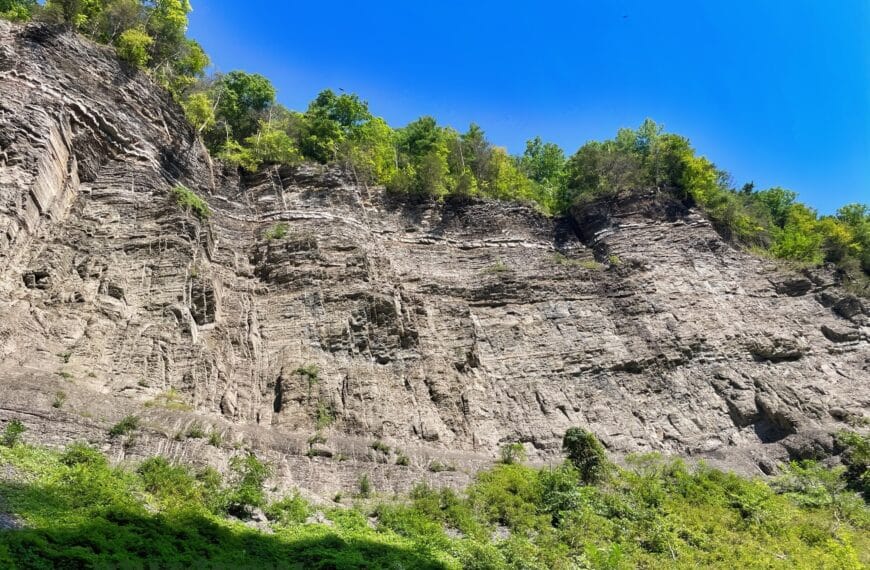 A gray rock cliff towers above with green vegetation at the bottom and top. The sky is all blue. We can almost hear the voices of the earth when we see sights like this.
